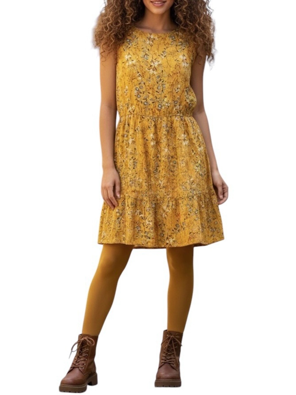 CottageCore Floral Sleeveless Golden Rod Tiered Ruffle Midi Dress Women’s 12